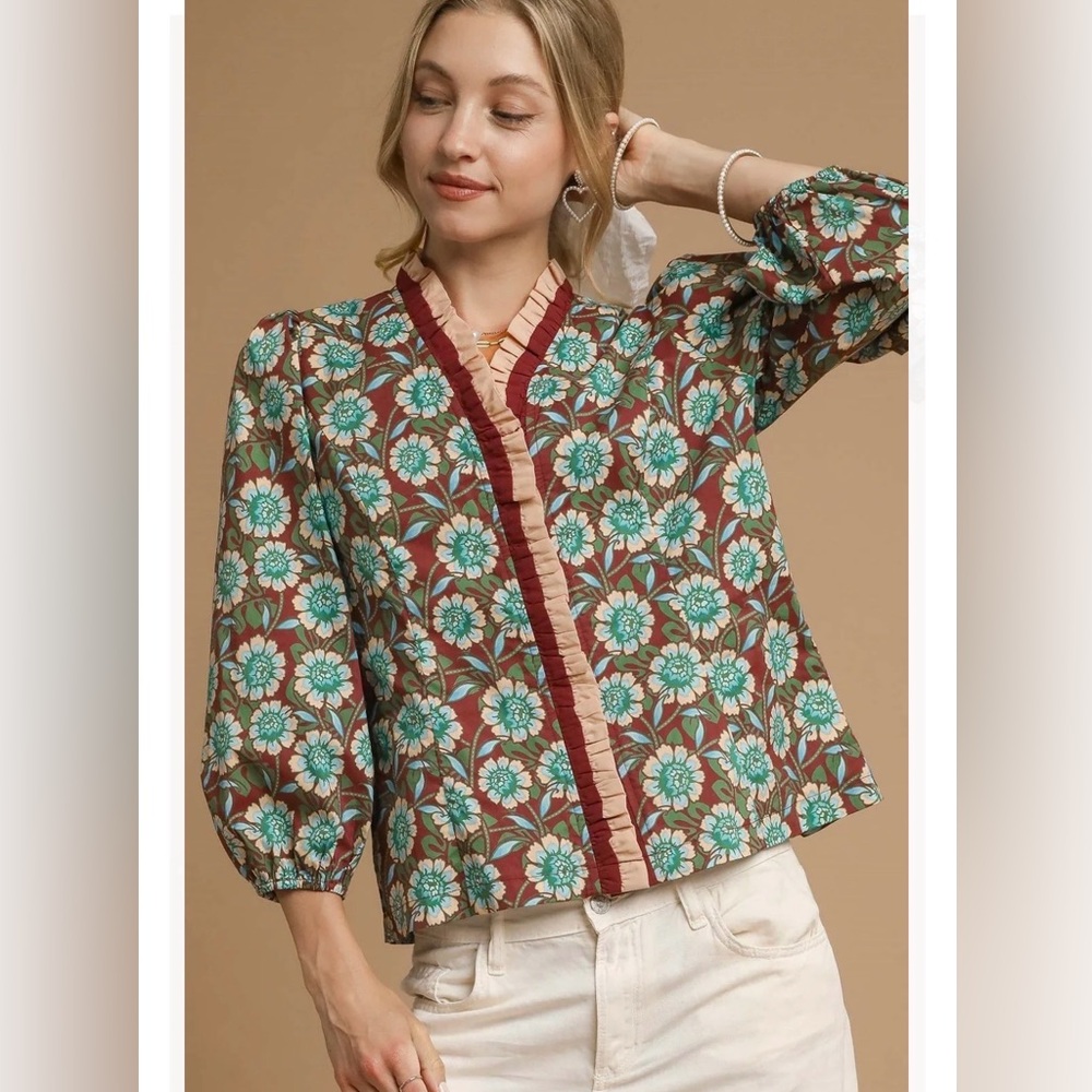 Umgee Juliette Brown Floral Blouse Size small